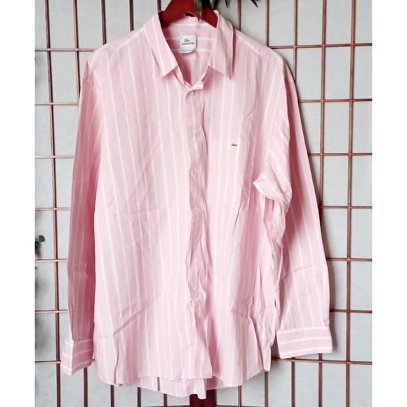Lacoste Men's Pink/White Striped Button-Down Shirt - Picture 1 of 16